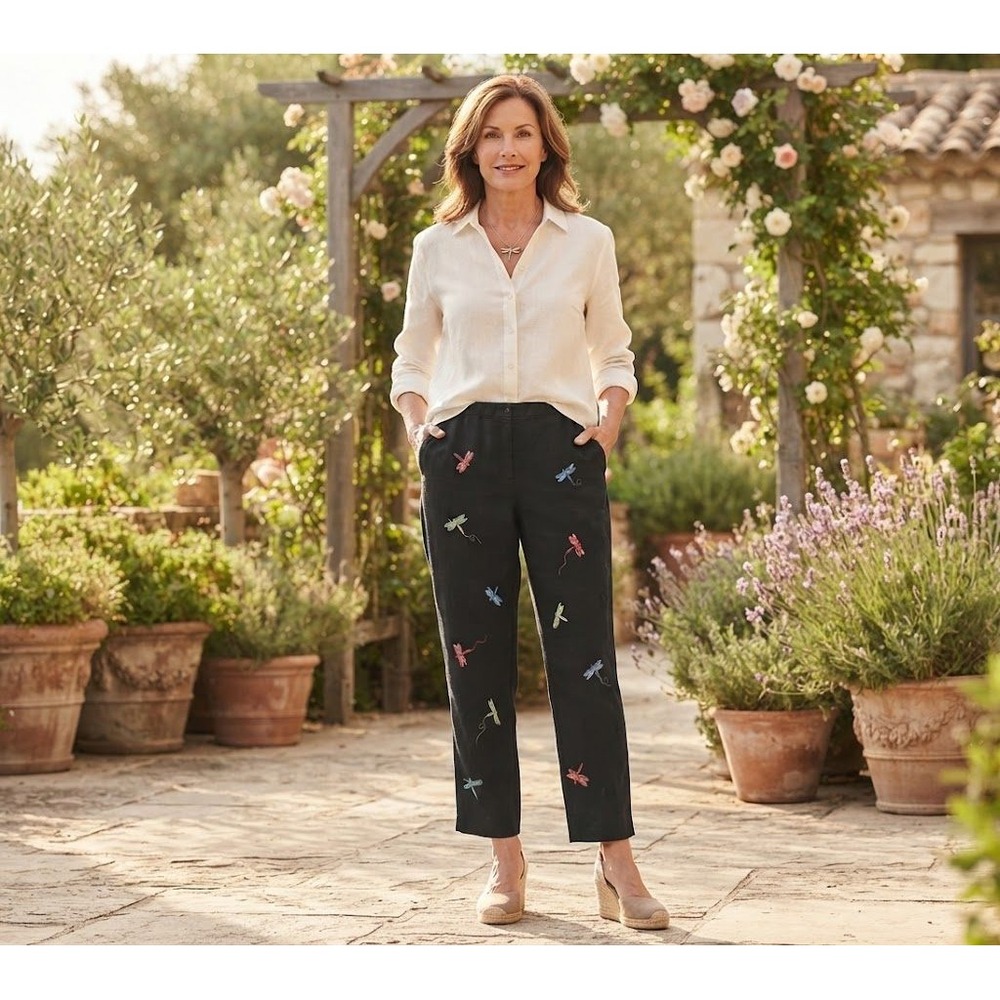Appleseed's Linen Pants Women 18P Black Embroidered Dragonfly Cropped Trousers